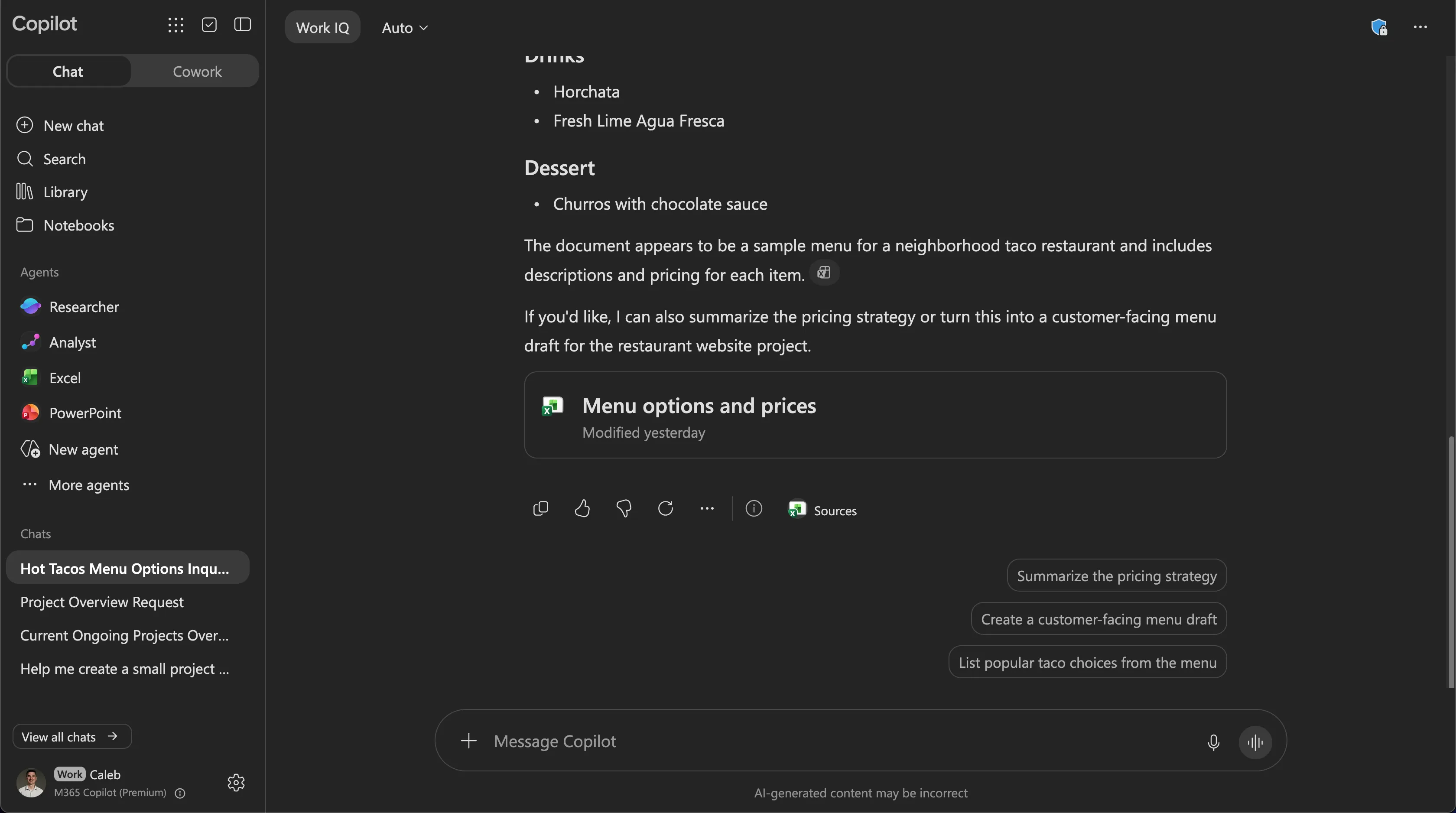 Microsoft 365 Copilot chat in the owner’s account summarizing the Menu options and prices spreadsheet and citing it as a source