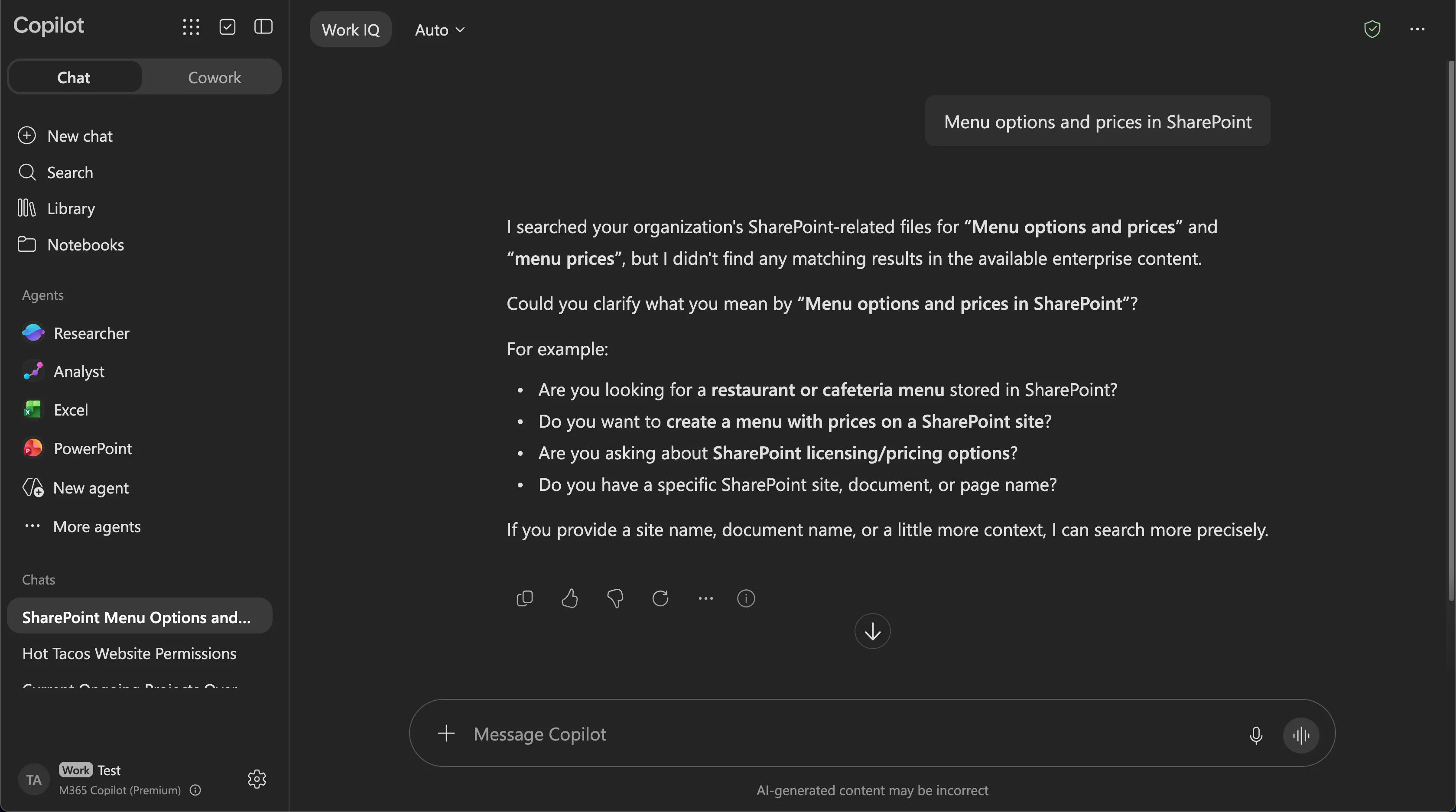 Microsoft 365 Copilot chat in the test account reporting it found no matching results for “Menu options and prices” in SharePoint