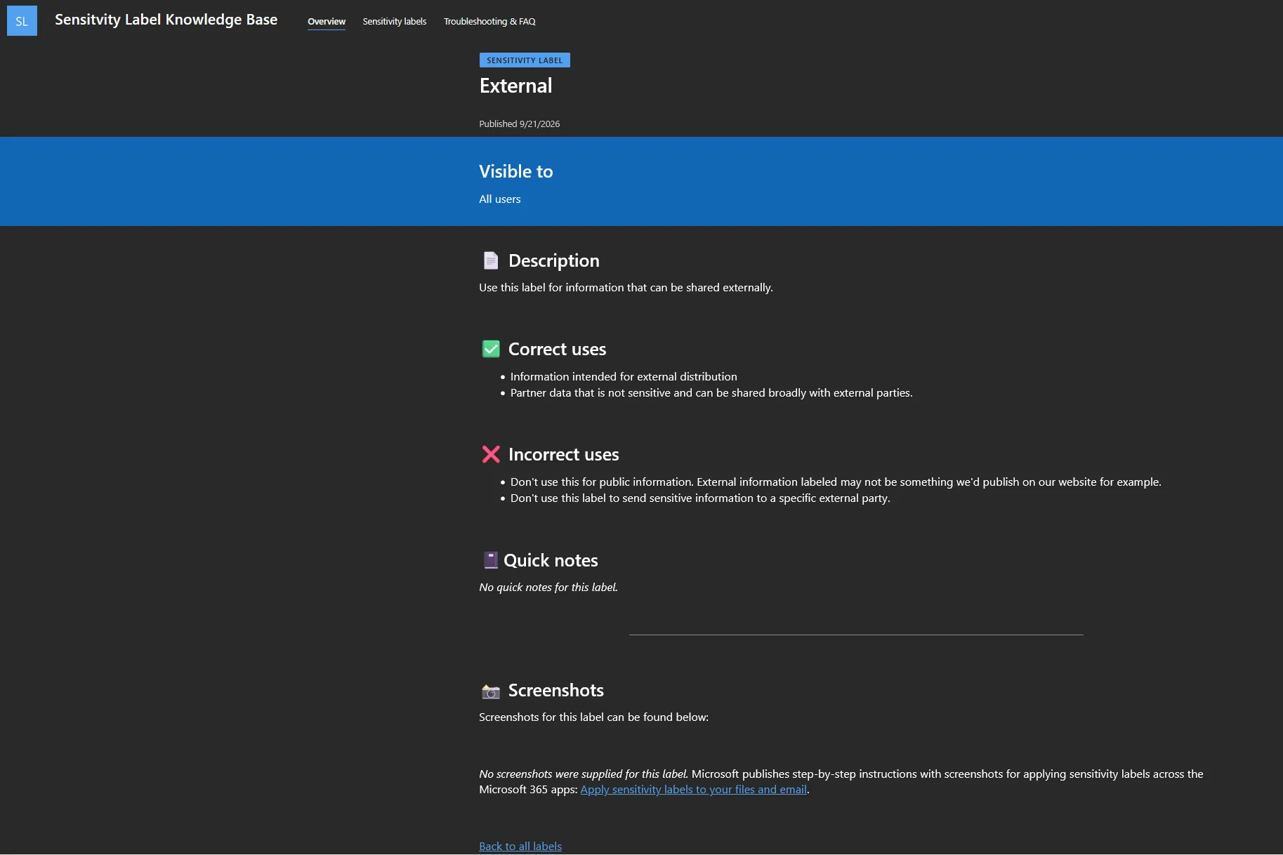 Generated page for the External sensitivity label, showing who it is visible to, a description, correct uses, incorrect uses, quick notes, and screenshots