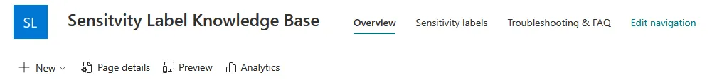 SharePoint site navigation bar for the Sensitivity Label Knowledge Base, with Overview, Sensitivity labels, and Troubleshooting and FAQ links