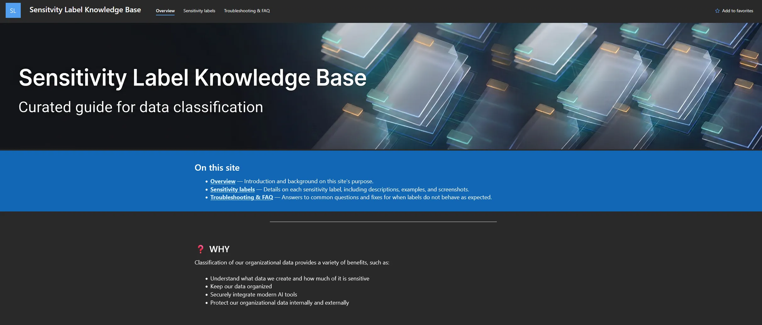 Dark-themed Sensitivity Label Knowledge Base overview page with a header image, an “On this site” link list, and a section on why data classification matters